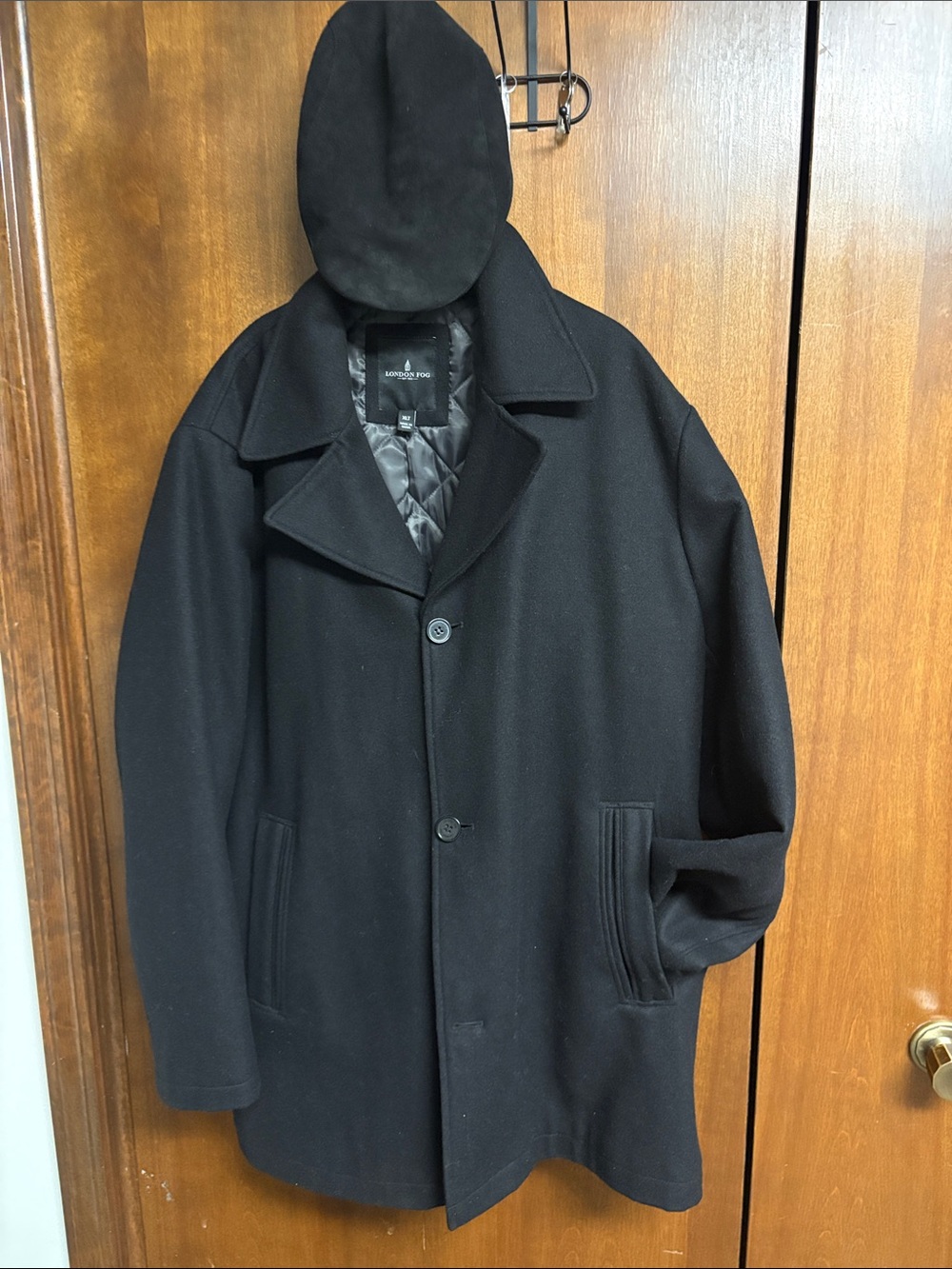 London Fog Black Wool Blend Pea Coat with Quilted Interior